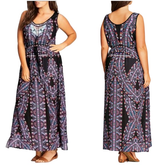 City Chic Geometric Black Blue Biba Drawstrring Maxi Dress Size L/20 - Picture 1 of 11